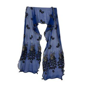 Peacock Mesh Scarf Oblong Shimmer Glitter Black Silver Shawl Royal Blue‎ Elegant